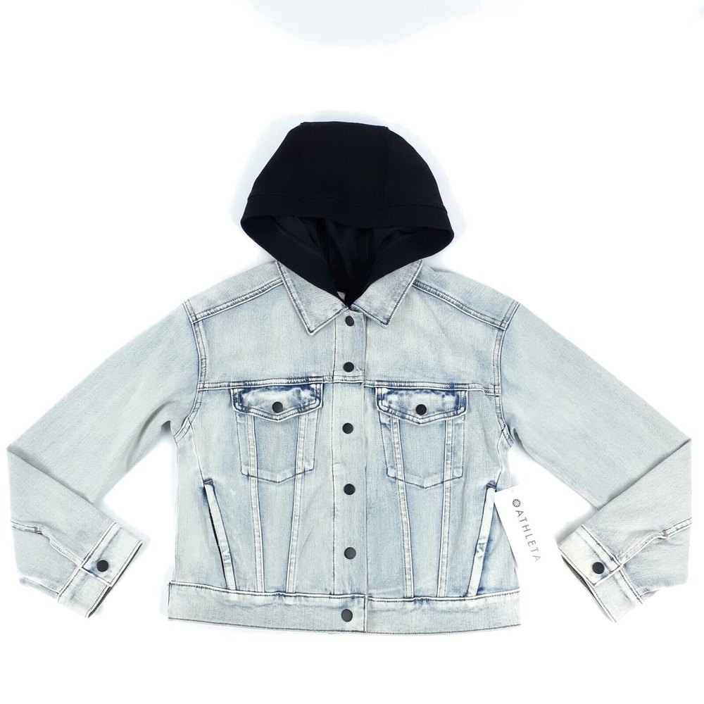Athleta Small Double Time Denim Jacket Blue Jean Acid Wash 3-in-1 Hoodie Vest